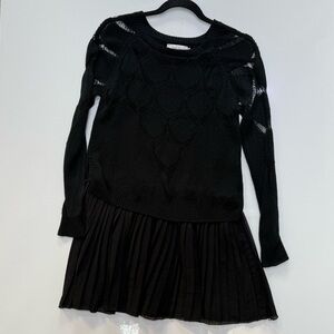 Simply Couture Black Crochet Knit Mixed Media Pleated Mini Dress L